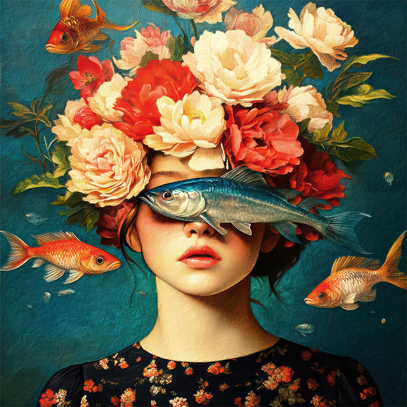 Frau mit Blumen und Fischen