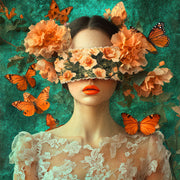Frau mit Schmetterlingen und Blumen