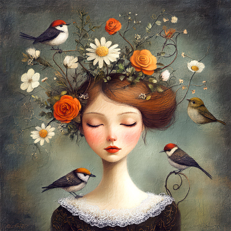 Frau mit Blumen und Vögeln