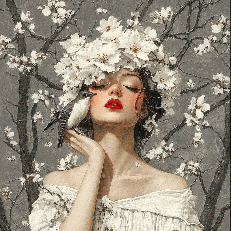 Frau mit Blumen und Vögeln III