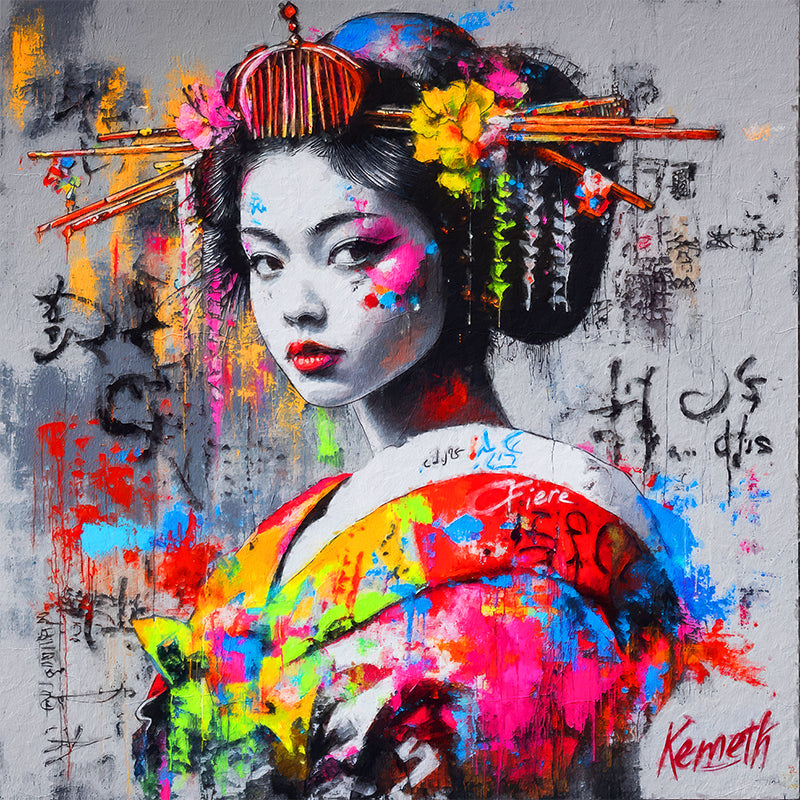 Asiatische Frau im Kimono-Graffiti