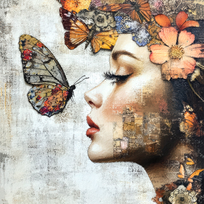 Frau, Blumen und Schmetterlinge