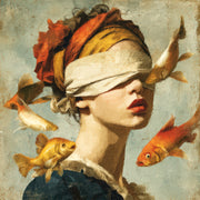 Frau mit verbundenen Augen und Fischen