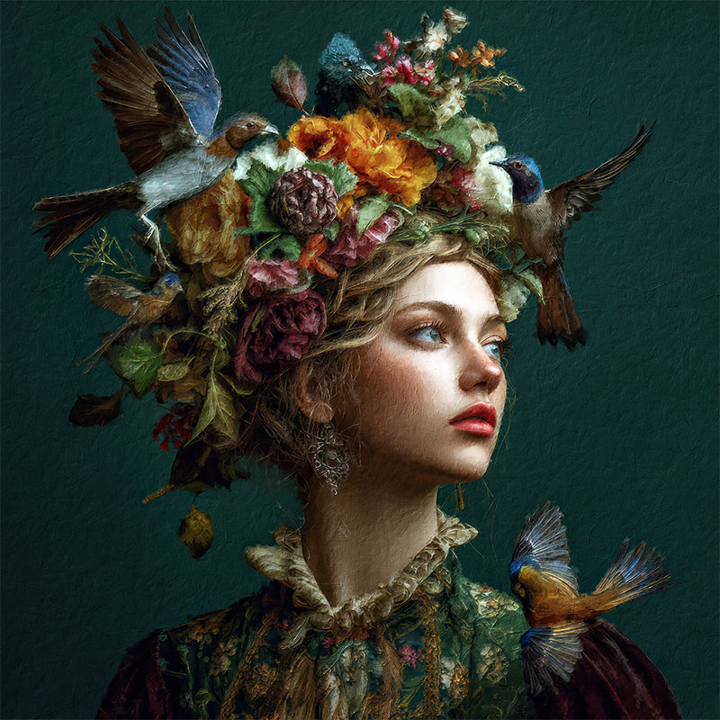 Frau - Vögel - Blumen