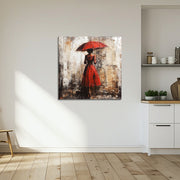 Frau mit rotem Regenschirm