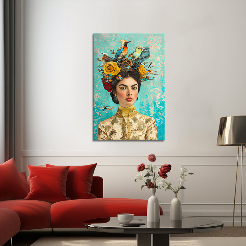 Frau mit Vogel und Blumen