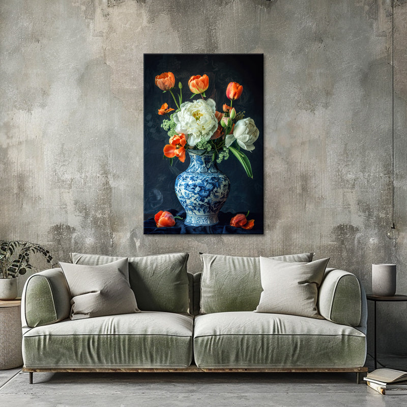 Blaue Vase mit Tulpen