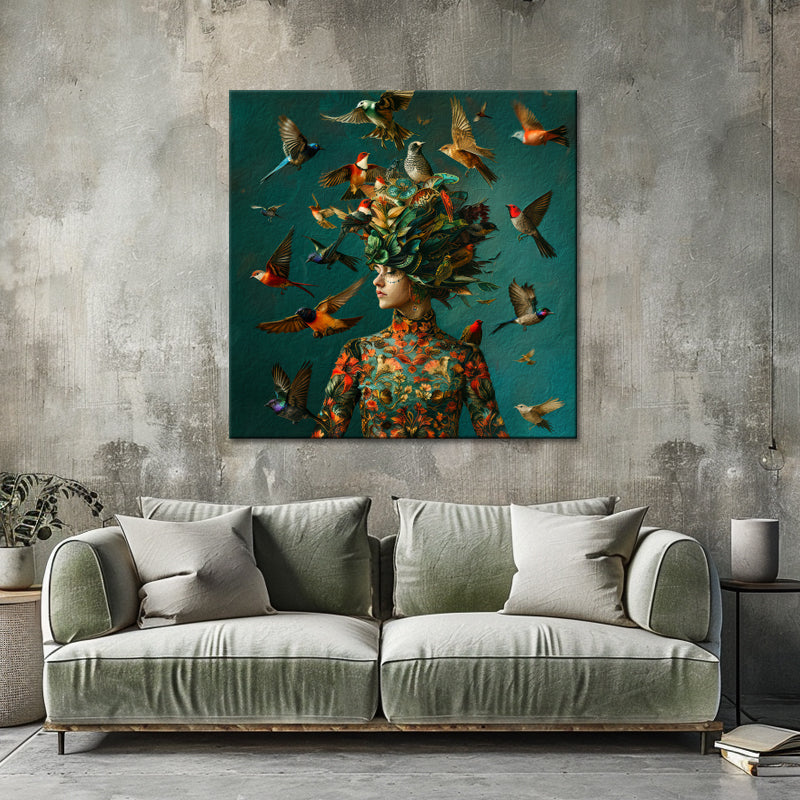 Kunst von Frau und Vögeln