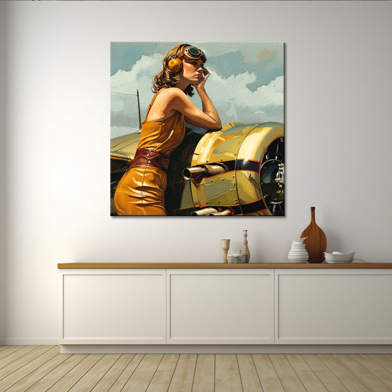 Frau mit Retro-Flugzeug