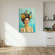 Frau mit Vogel und Blumen