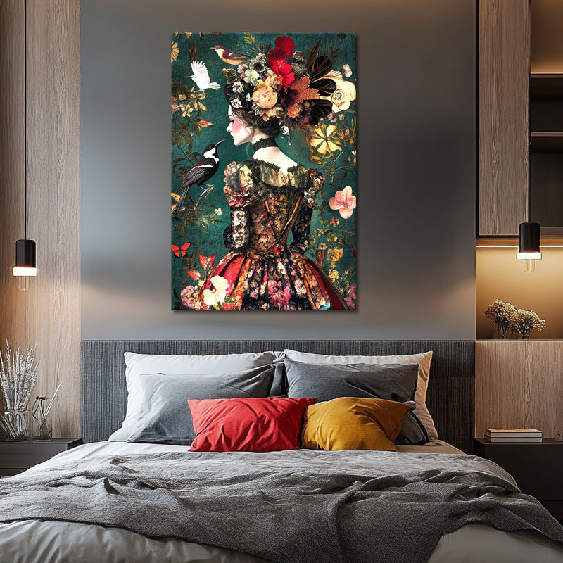 Frau in einem Kleid mit Blumen und Vögeln