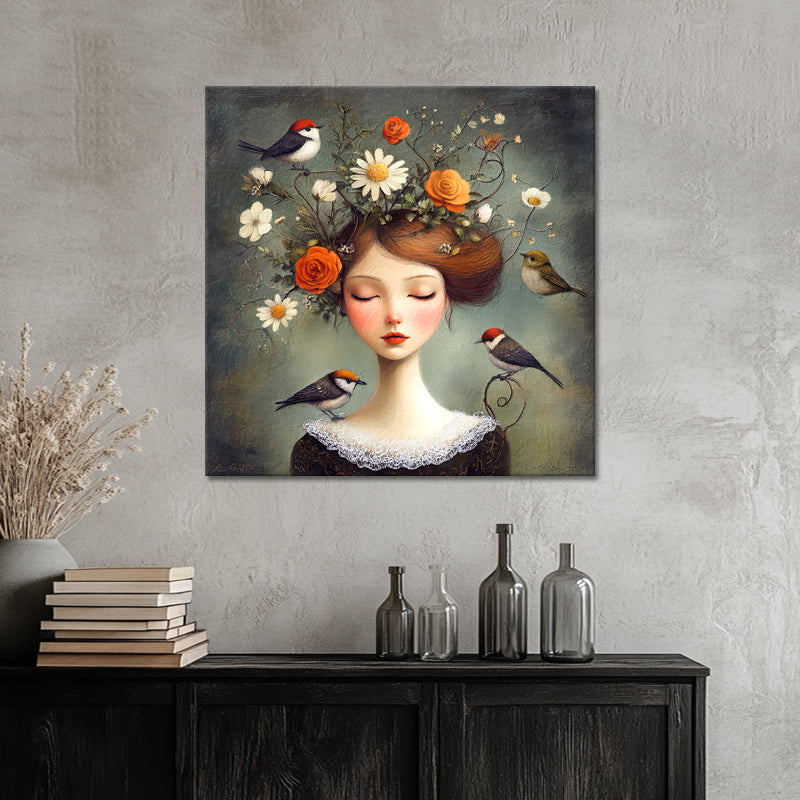 Frau mit Blumen und Vögeln