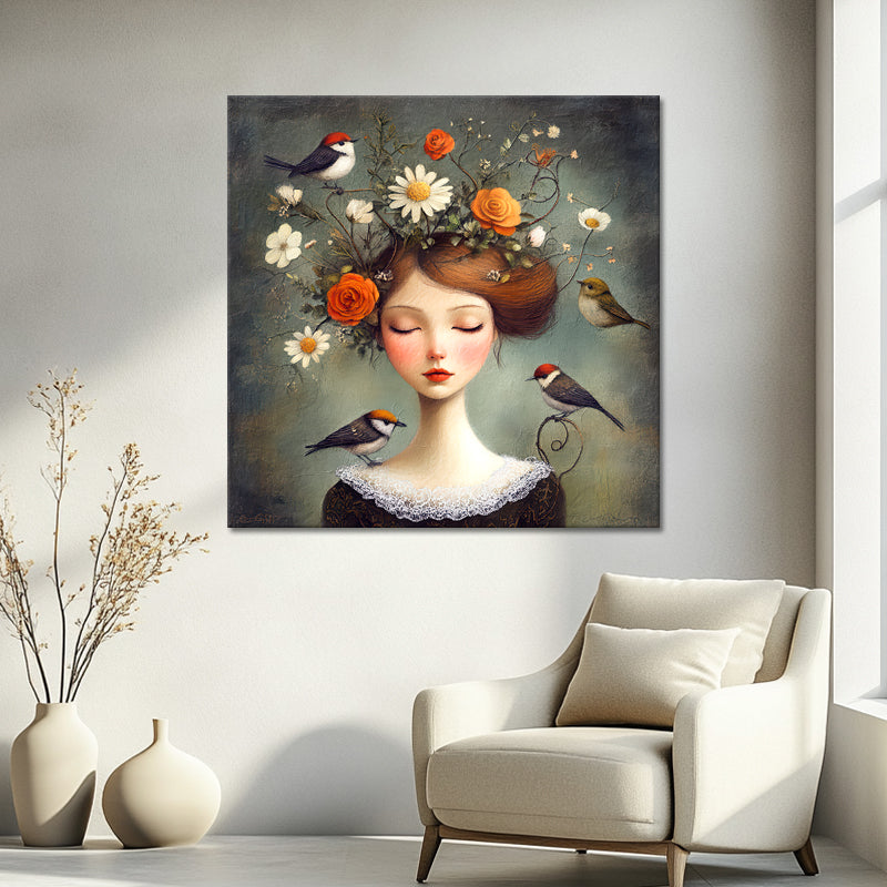 Frau mit Blumen und Vögeln
