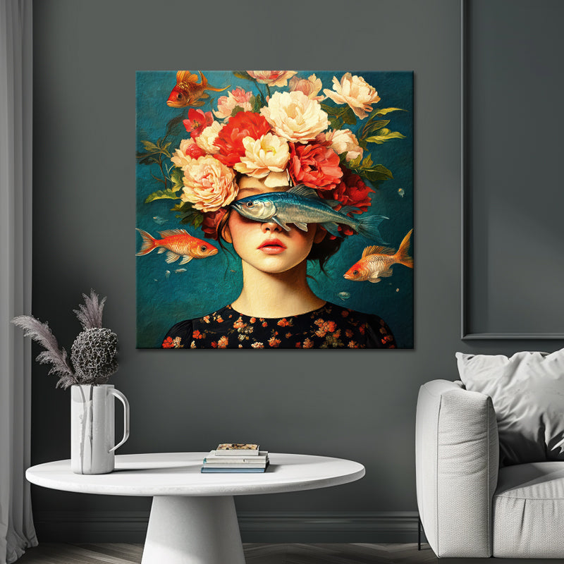 Frau mit Blumen und Fischen