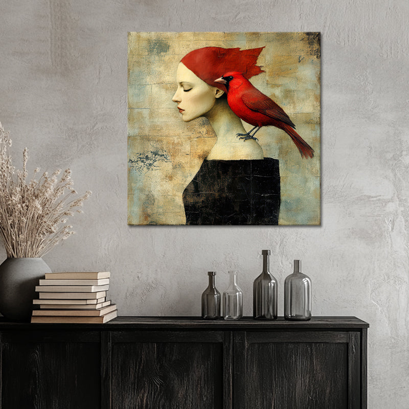 Frau mit einem roten Vogel