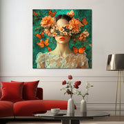 Frau mit Schmetterlingen und Blumen