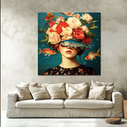Frau mit Blumen und Fischen