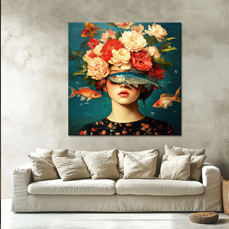 Frau mit Blumen und Fischen