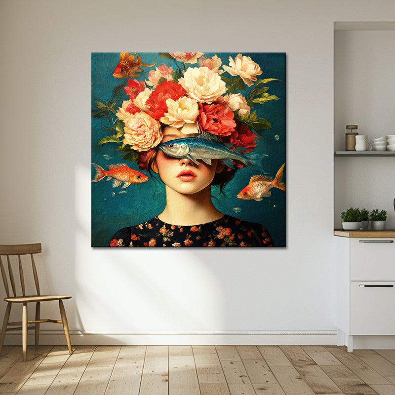 Frau mit Blumen und Fischen