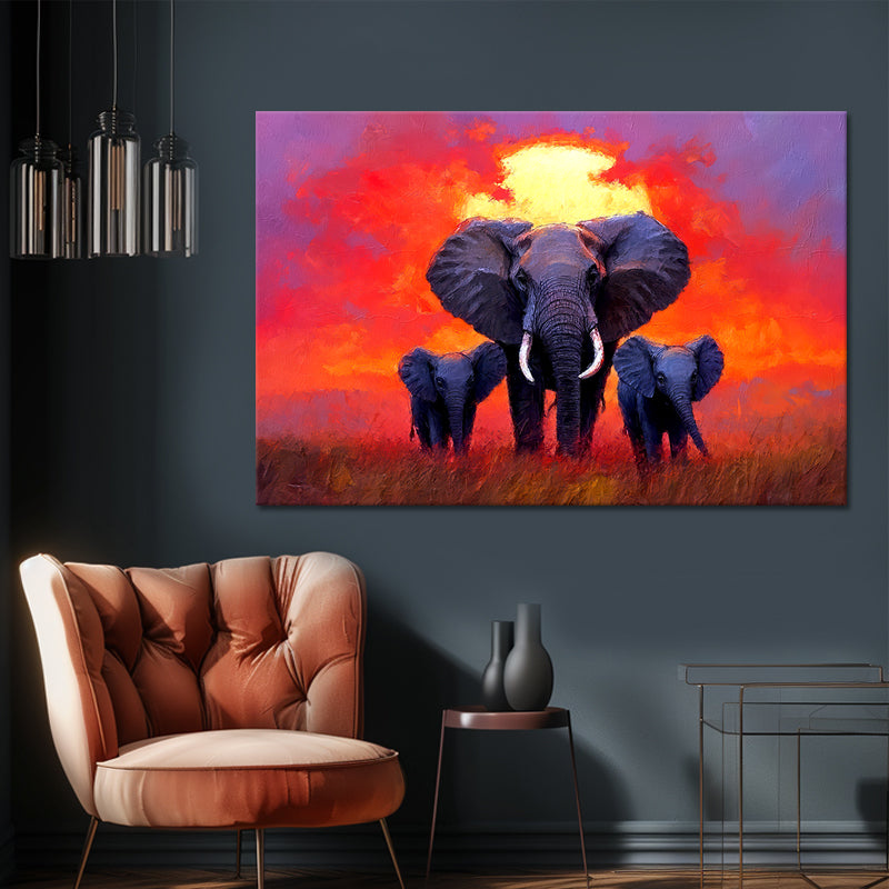Elefantenfamilie bei Sonnenuntergang