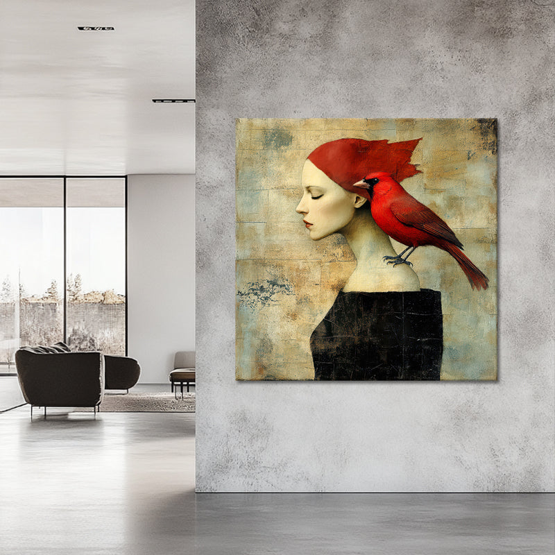 Frau mit einem roten Vogel