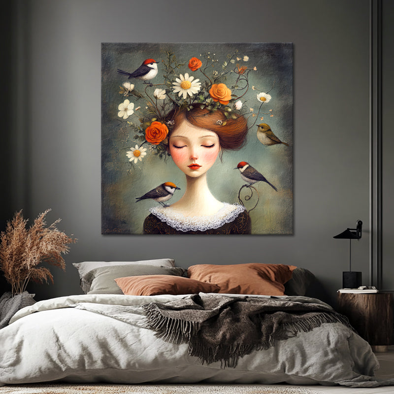 Frau mit Blumen und Vögeln