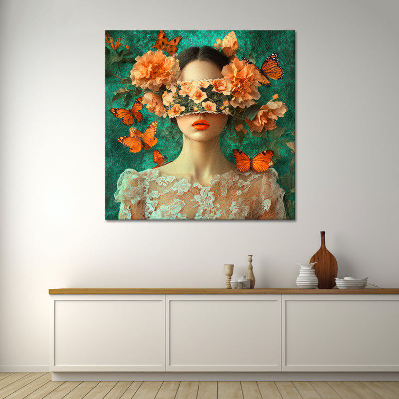 Frau mit Schmetterlingen und Blumen