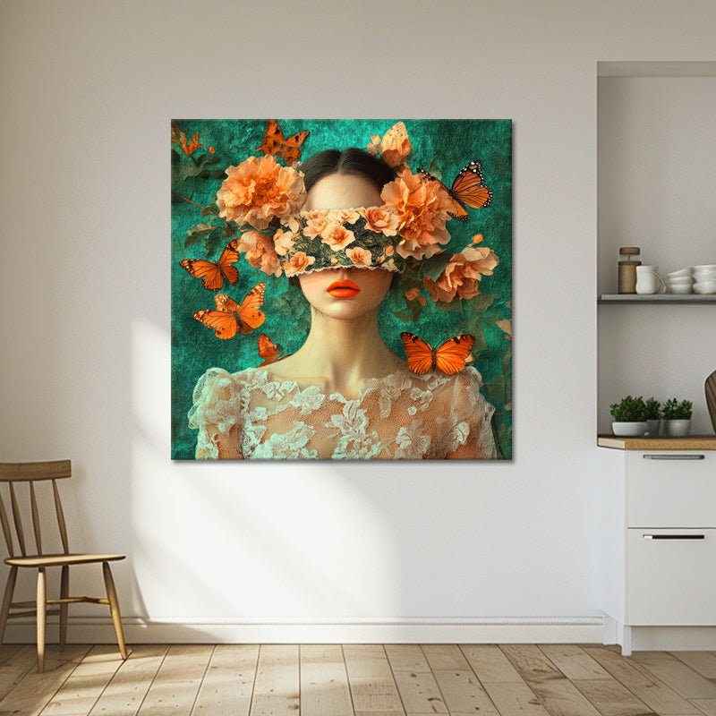 Frau mit Schmetterlingen und Blumen