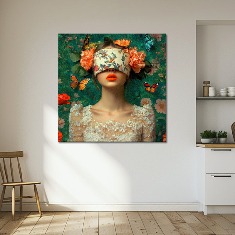 Frau mit Blumen über den Augen