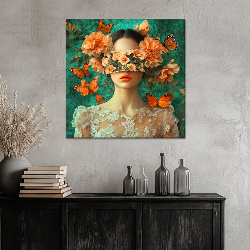 Frau mit Schmetterlingen und Blumen
