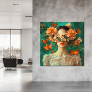 Frau mit Schmetterlingen und Blumen