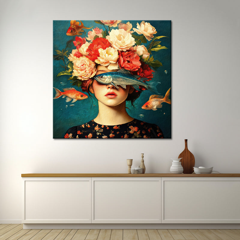 Frau mit Blumen und Fischen