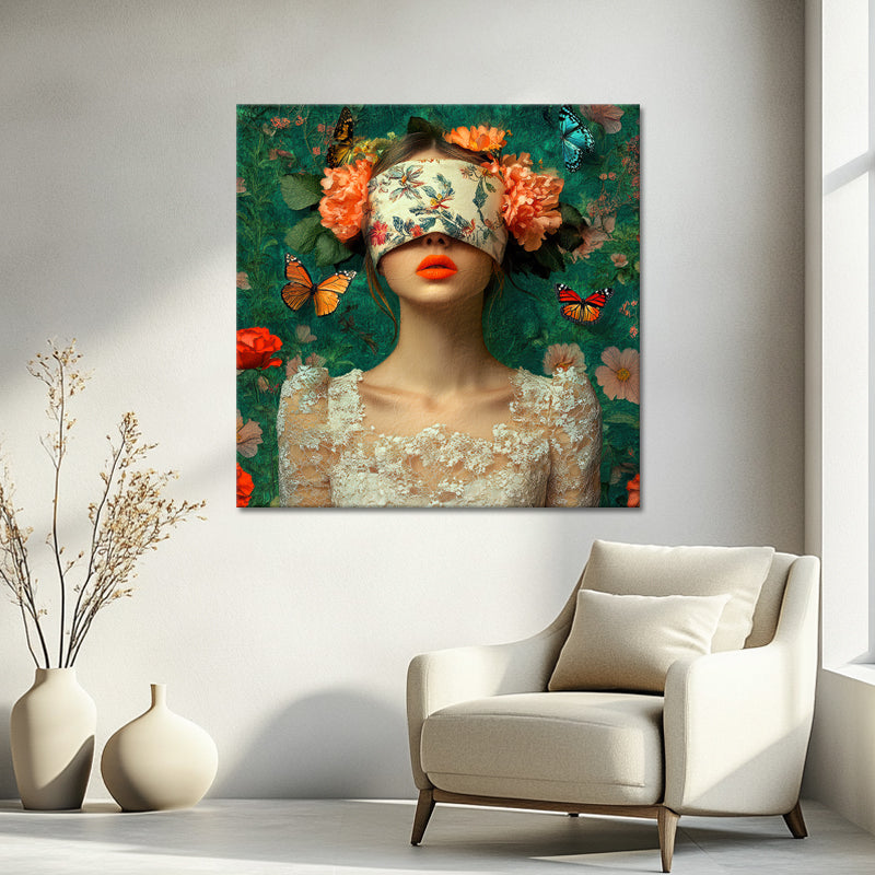 Frau mit Blumen über den Augen