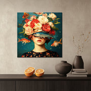 Frau mit Blumen und Fischen