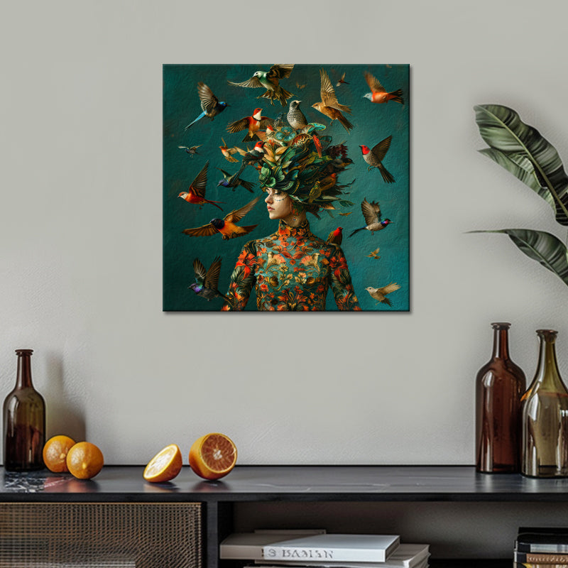 Kunst von Frau und Vögeln