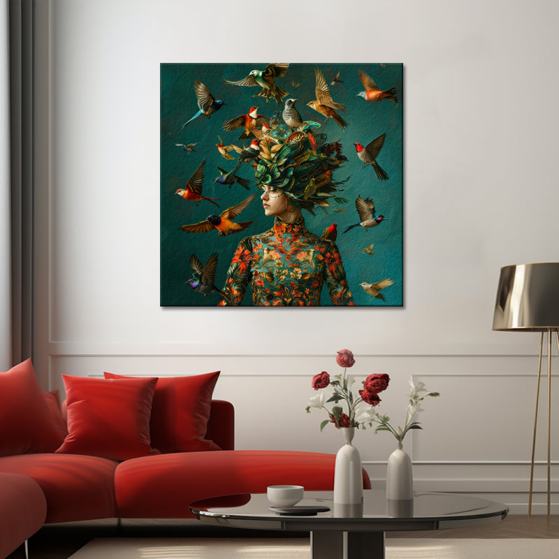 Kunst von Frau und Vögeln