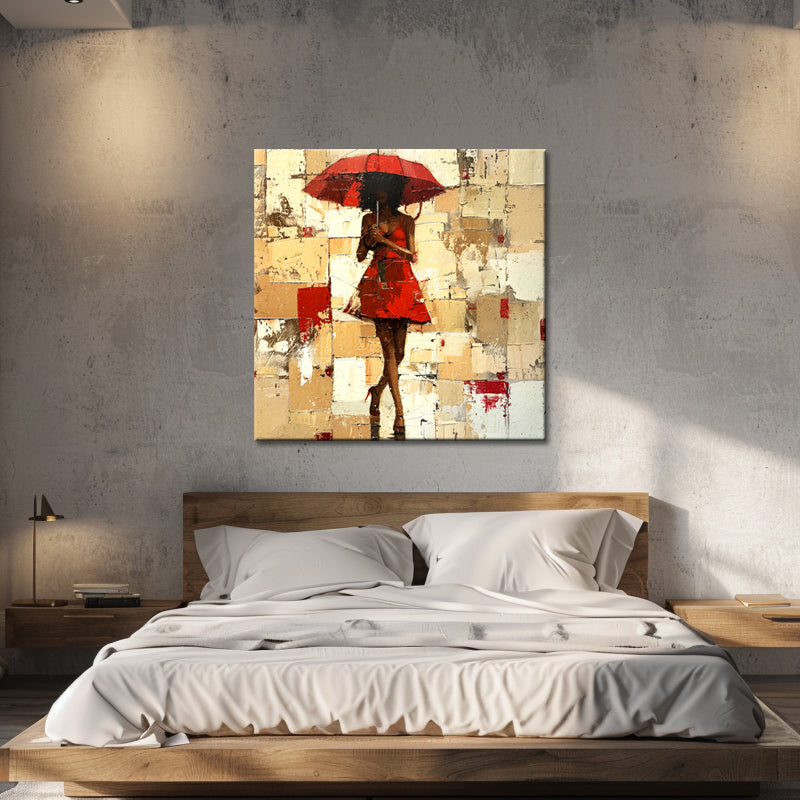Frau mit rotem Regenschirm