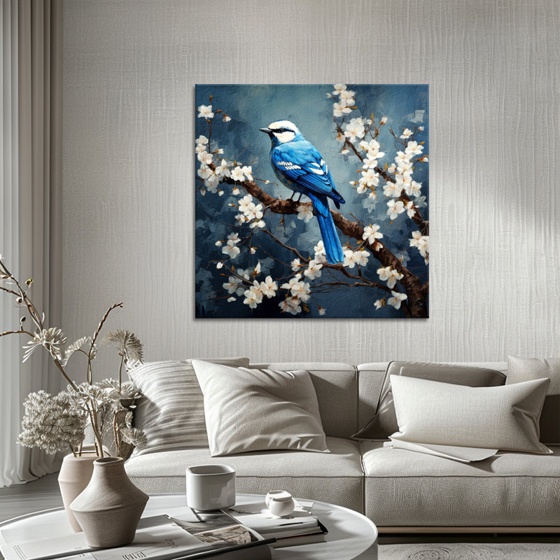 Vogel auf Ast mit Blumen