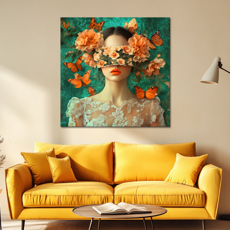 Frau mit Schmetterlingen und Blumen