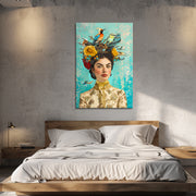 Frau mit Vogel und Blumen