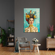 Frau mit Vogel und Blumen