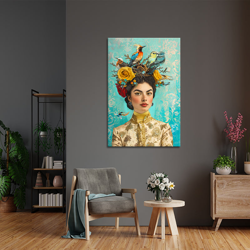 Frau mit Vogel und Blumen