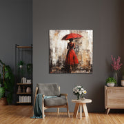 Frau mit rotem Regenschirm