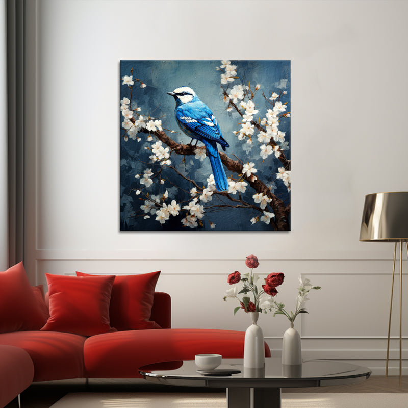 Vogel auf Ast mit Blumen