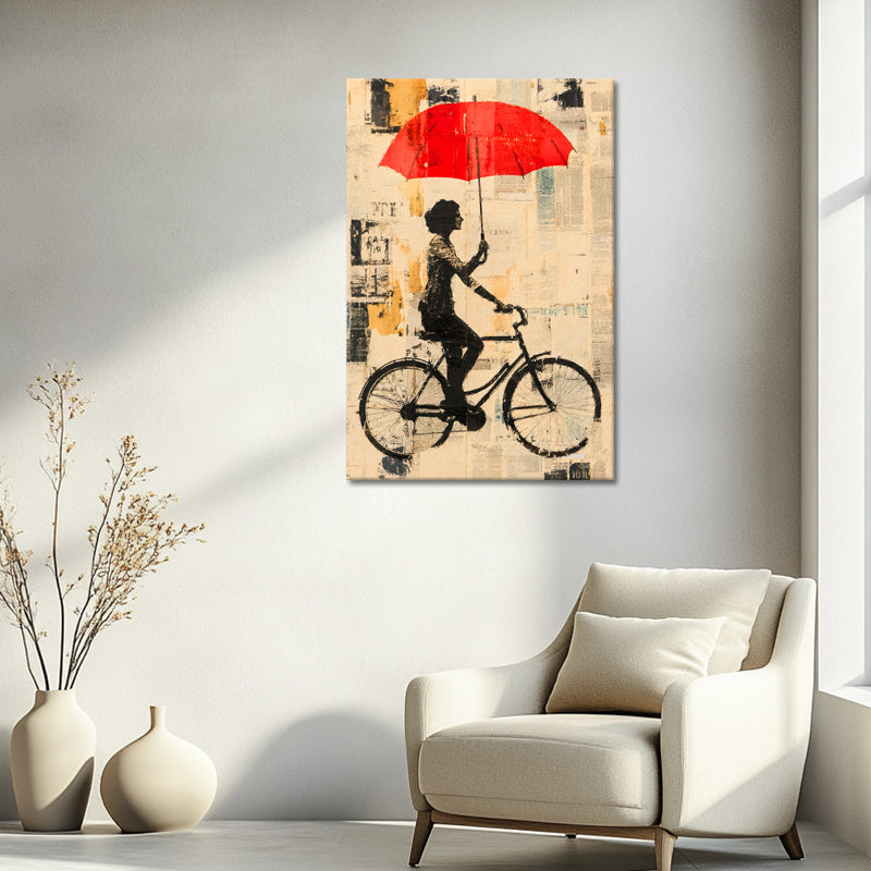 Mit dem Fahrrad mit Regenschirm