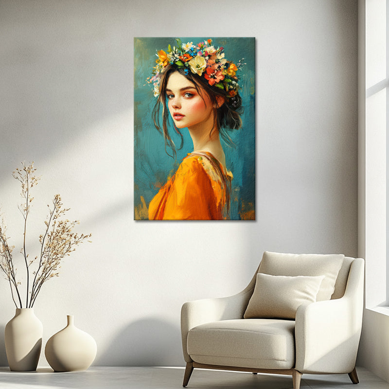 Gemälde einer schönen Frau mit Blumen