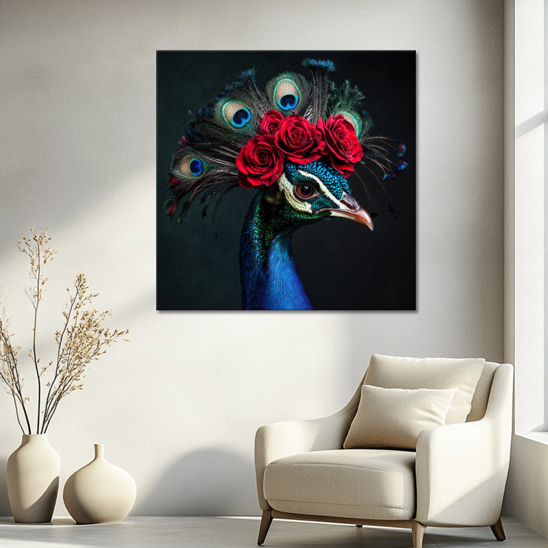 Pfau in Delfter Blau und Blumen