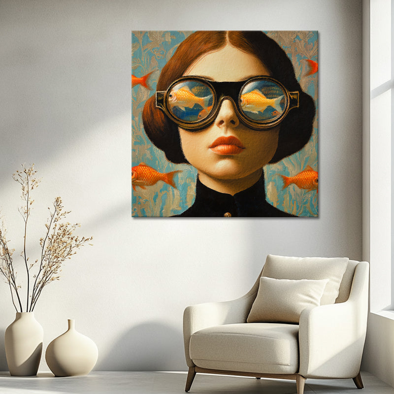 Frau mit Taucherbrille und Fischen