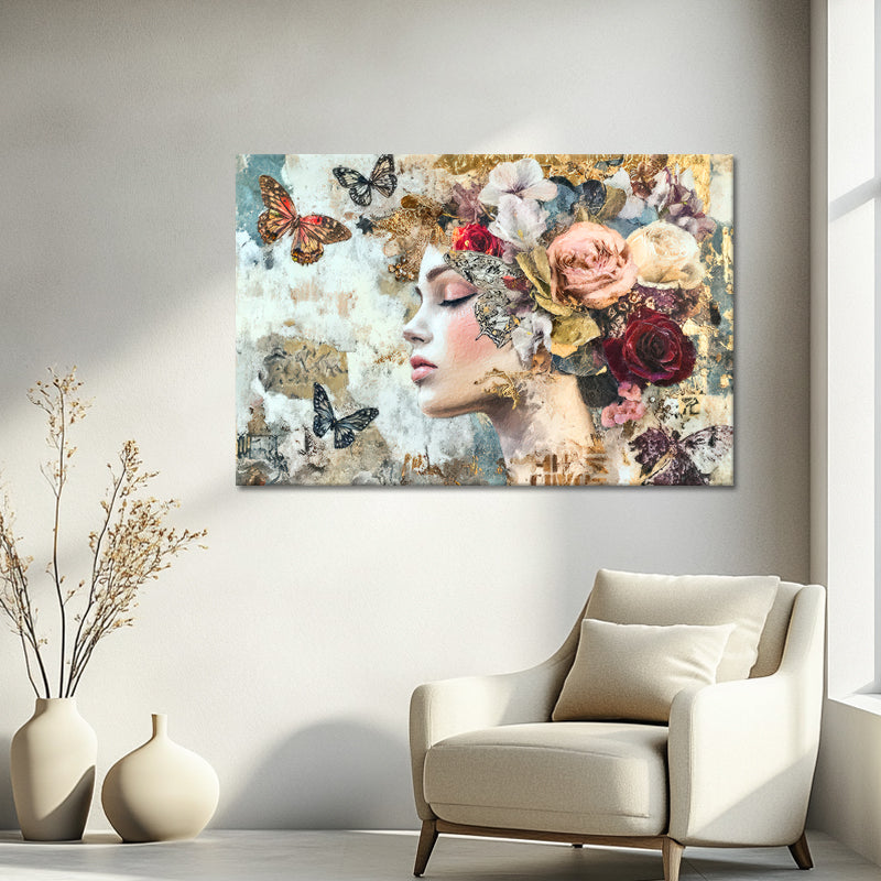 Frau, Schmetterlinge & Blumen