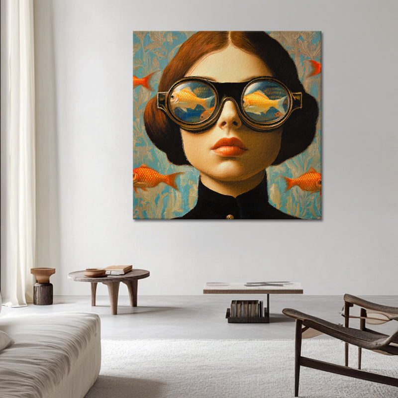 Frau mit Taucherbrille und Fischen